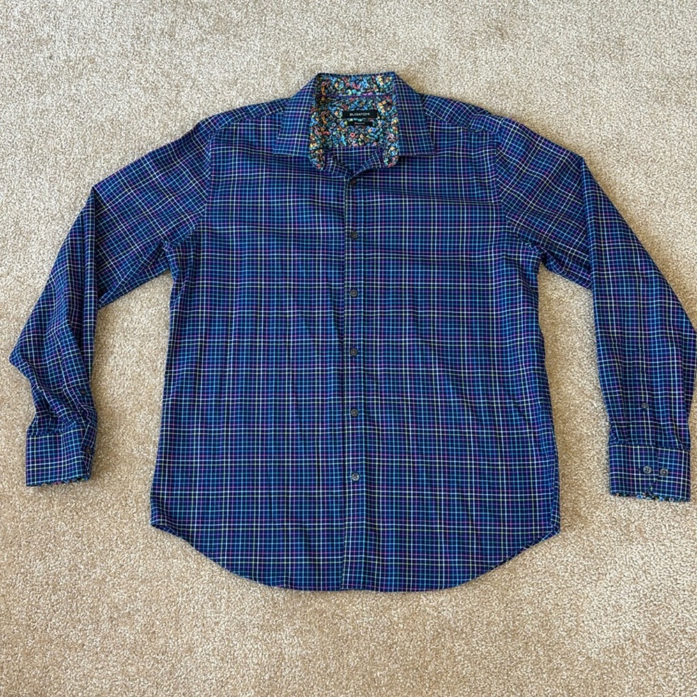 Bugatchi Shaped Fit Checked Button Up Long Sleeve Shirt Mens Extra Large